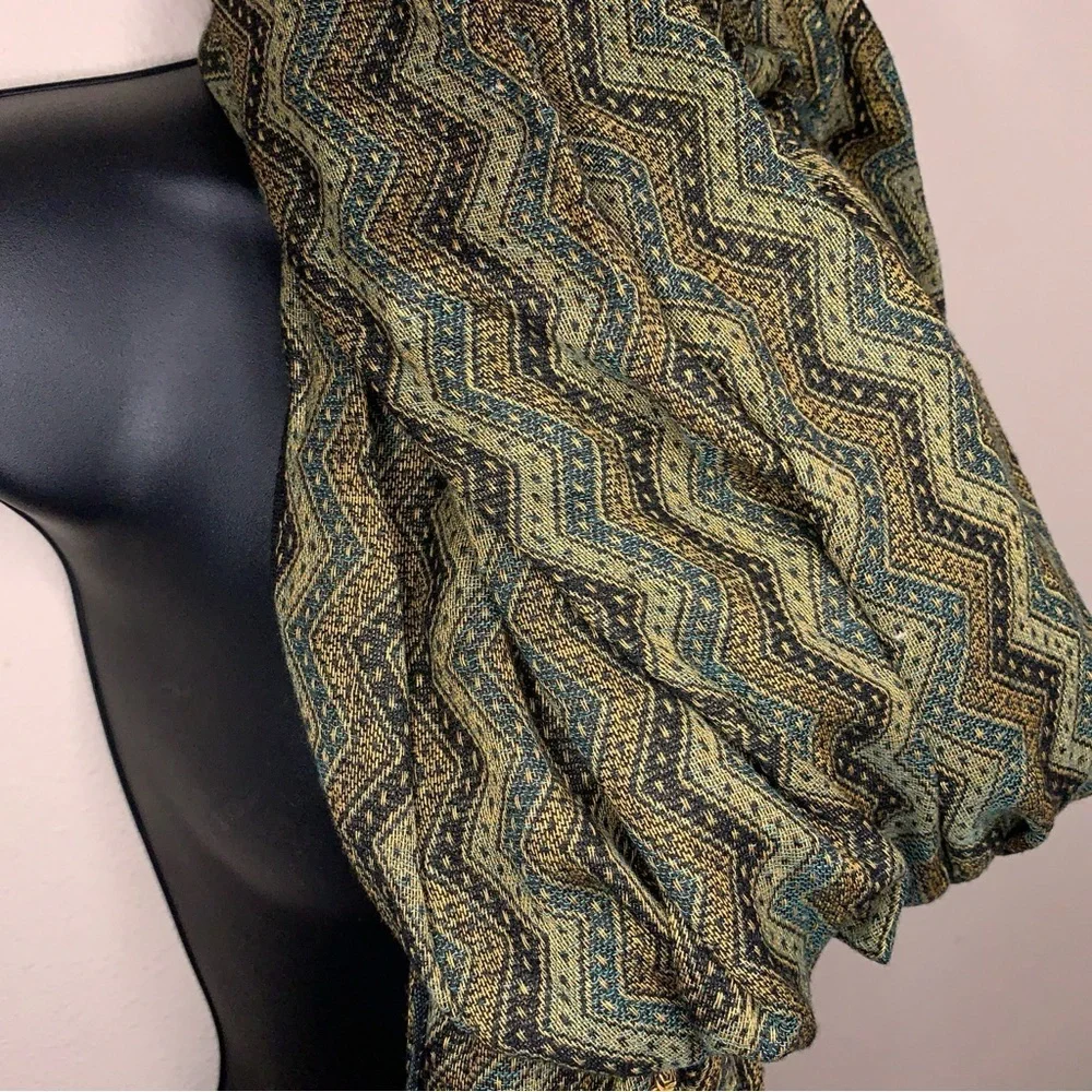 Vintage Isabella Scarf Wrap Olive Green Beige Fringe Boho Bohemian Geometric